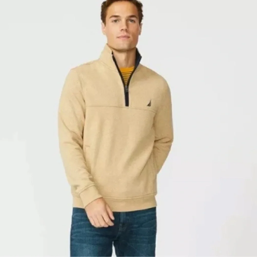 Nautica Men's COASTAL CAMEL HEATHER Quarter-Zip Knit Fleece Sweater, size medium